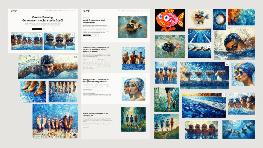 Twenty-plus Midjourney images in the author's custom hexagonal-mosaic style: swimmers mid-stroke, whimsical fish characters with expressive eyes, pool lane perspectives, and underwater scenes—all maintaining consistent blue-teal palette and geometric dissolution effect, shown alongside the final website pages where they appear