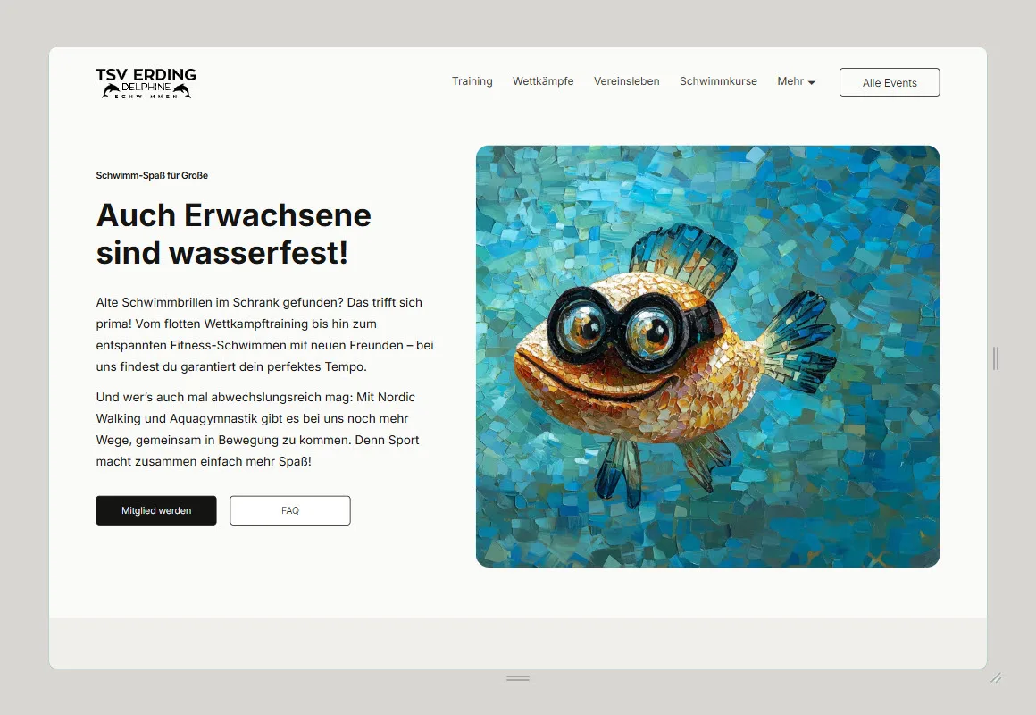 Live website hero section for TSV Delphine's adult swimming programme: the headline "Auch Erwachsene sind wasserfest!" (Adults Are Waterproof Too!) paired with the author's signature creation—a whimsical fish character wearing swimming goggles, rendered in hexagonal-mosaic style—capturing the club's welcoming, community-focused brand voice