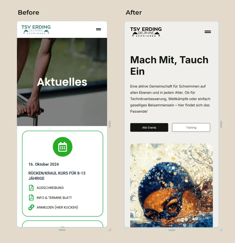 Before-and-after mobile comparison: the old TSV Delphine website with generic stock photography and dense information layout versus the AI-redesigned version featuring bold "Mach Mit, Tauch Ein" typography, streamlined navigation, and a distinctive hexagonal-mosaic swimmer portrait demonstrating the author's custom Midjourney visual style