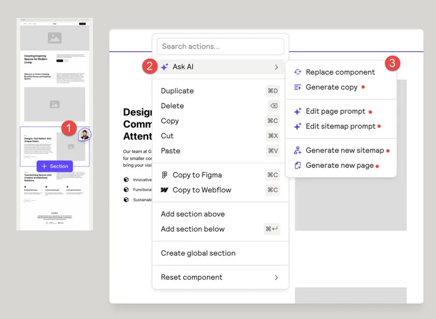 Annotated Relume interface demonstrating AI-assisted wireframing workflow: the page section panel for component selection, the "Ask AI" context menu offering actions like Generate copy and Replace component, and the generative features submenu for creating new sitemaps and pages from prompts—illustrating the author's chosen rapid prototyping approach