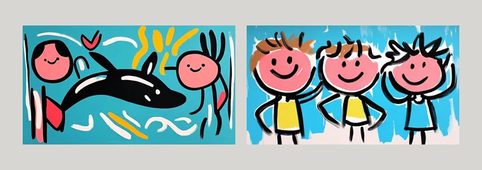 Comparison of two Midjourney outputs using style reference code 1797160075: children playing with a dolphin and three young swimmers waving—both in bold-outlined, child-friendly cartoon style that the author selected to enable non-technical club staff to generate consistent event imagery independently