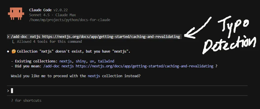 Agent-based input validation: CLI detects typo "nxtjs" vs "nextjs" collection, infers user intent, and proactively suggests correction before execution