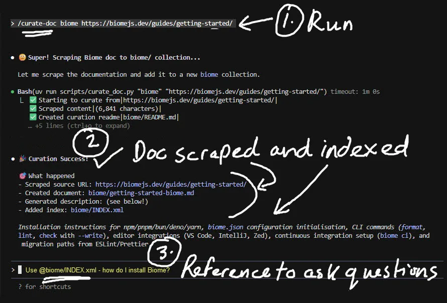 End-to-end agentic workflow: command execution, automated scraping with structured output parsing, semantic INDEX.xml generation, and conversational document querying via context references