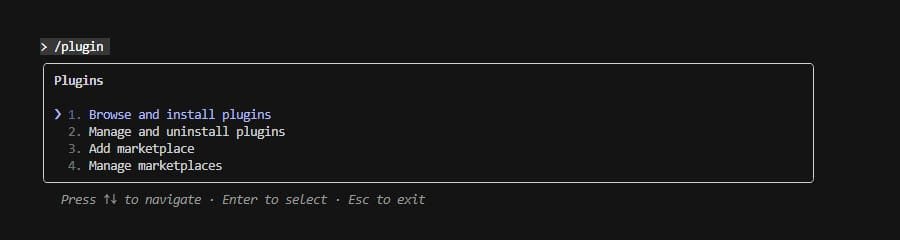 Claude Code CLI showing the /plugin command menu interface with four options: (1) Browse and install plugins, (2) Manage and uninstall plugins, (3) Add marketplace, (4) Manage marketplaces. Navigation instructions displayed at bottom.